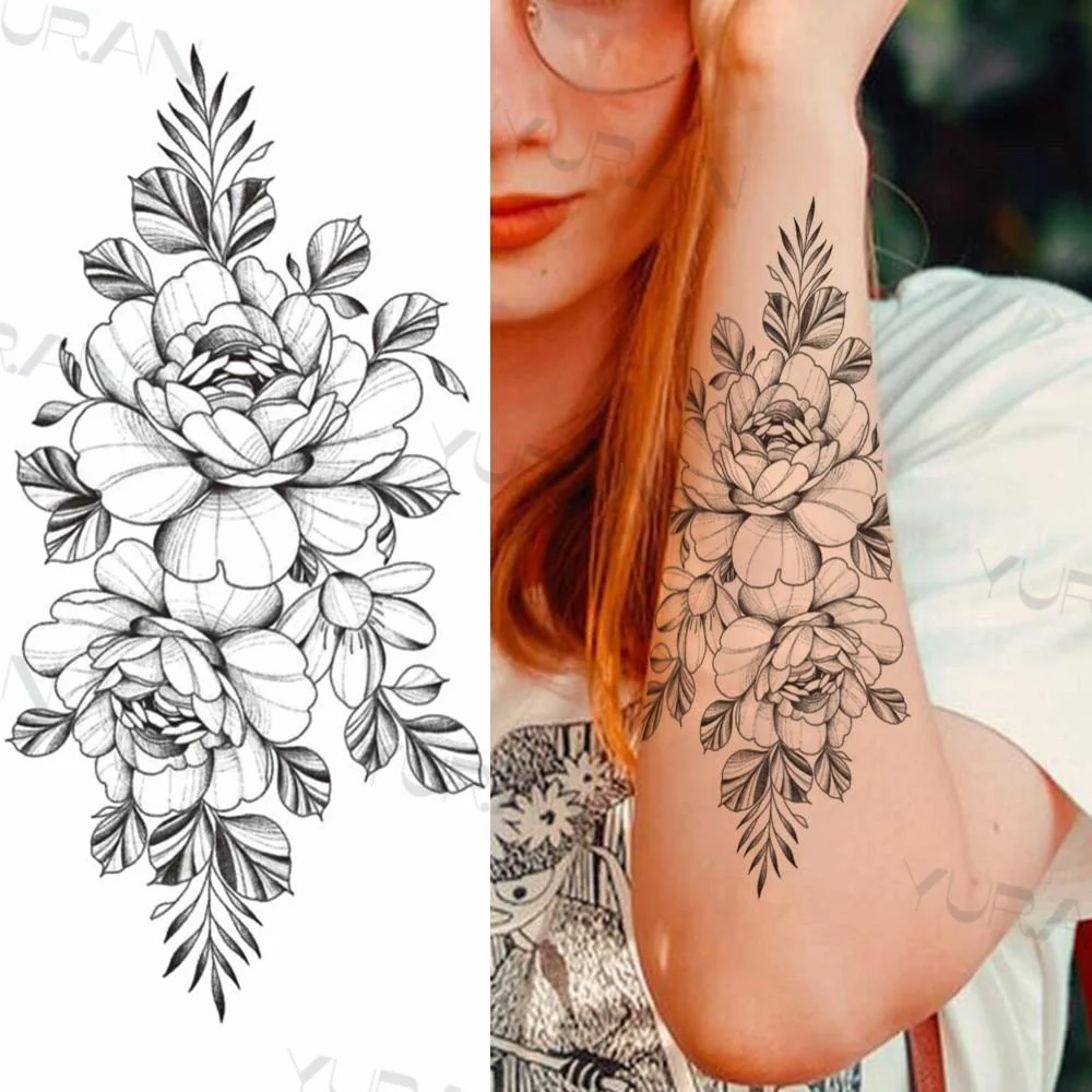 Black Large Snake Flower Fake Tattoo Sticker For Women Dot Rose Peony Temporary Tattoos DIY Water Transfer Tatoos Girls 1029