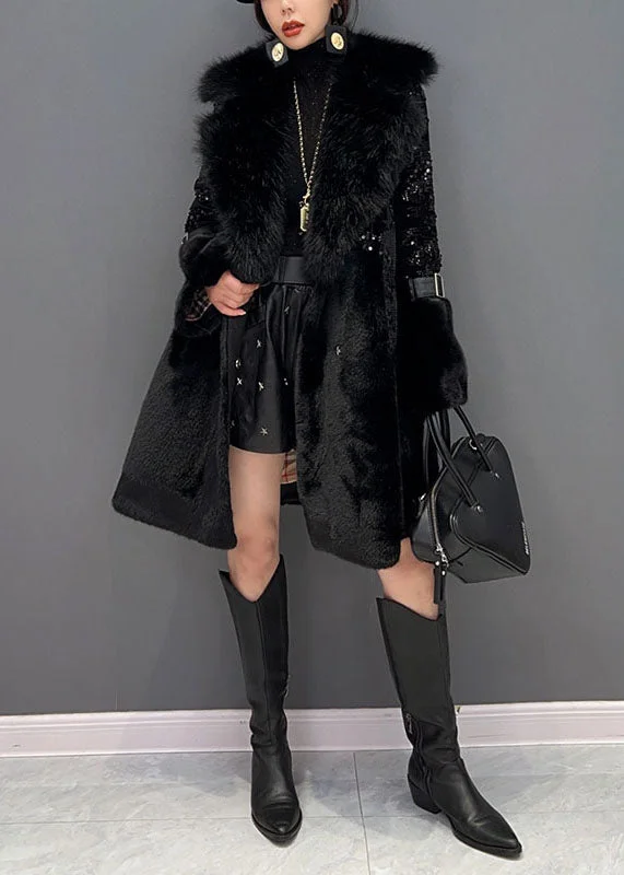 Fashion Black Fur Collar Sequins Patchwork Pockets Leather And Fur Coats Winter