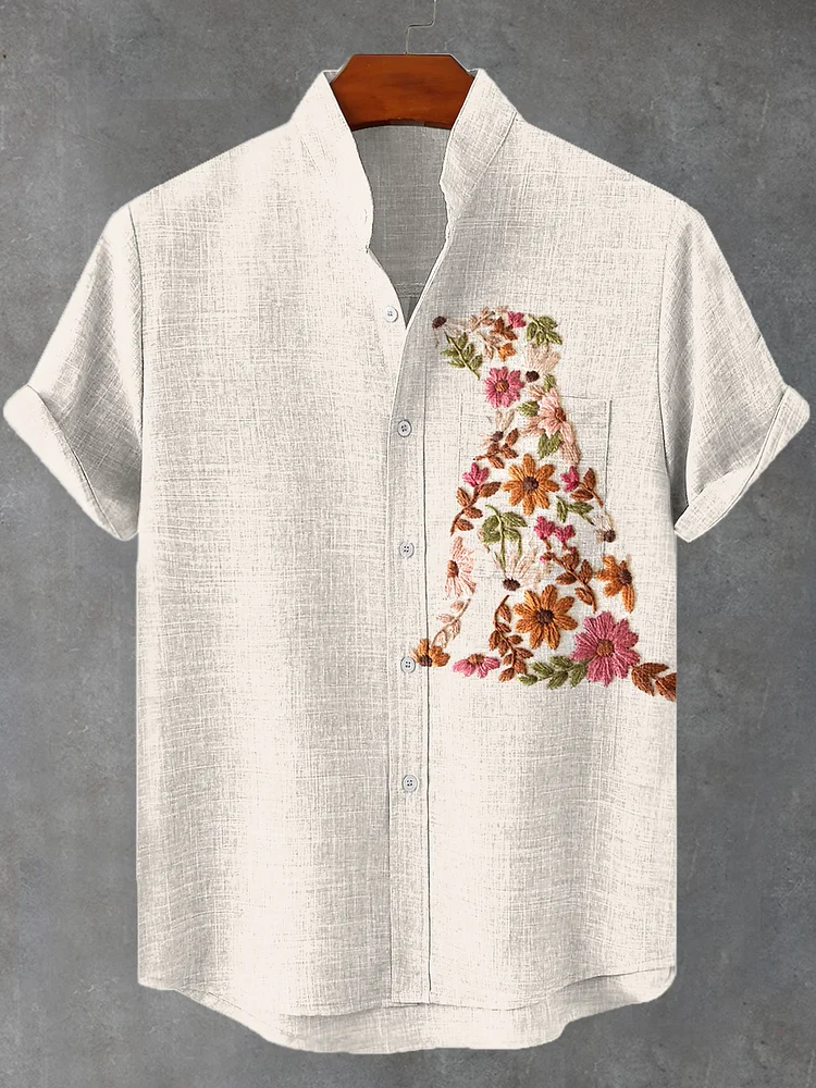 Men's Summer Boho Floral Dog Embroidery Print Linen Blend Shirt