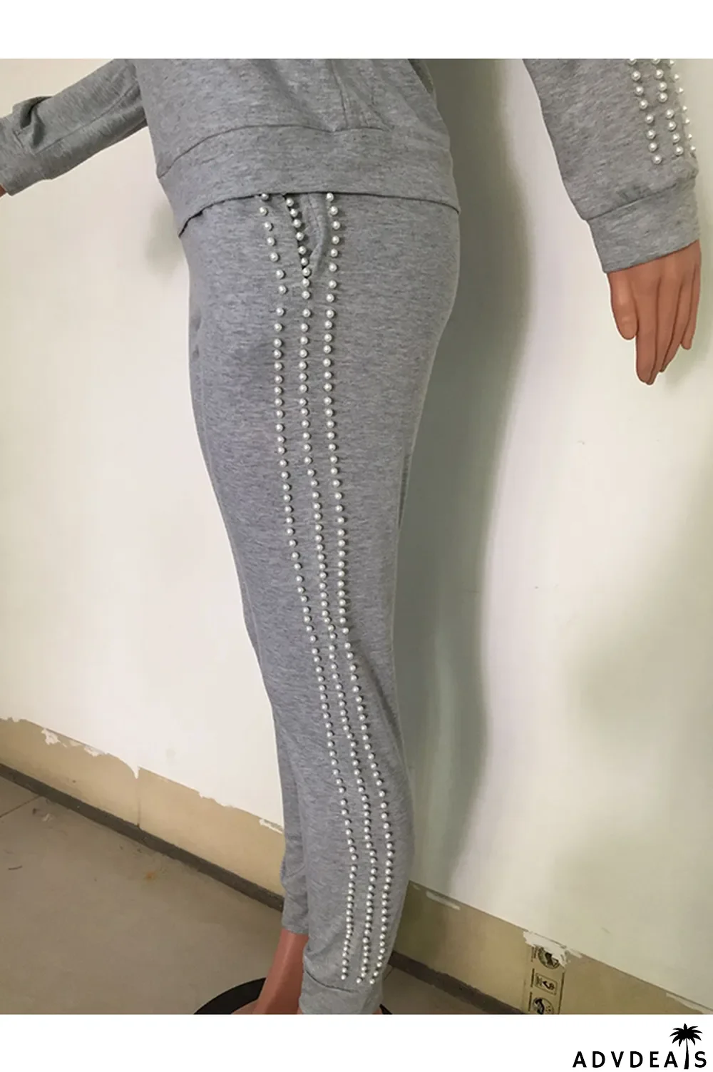 Black Casual Beading Solid Two Piece Suits Patchwork pencil Long Sleeve Two-piece Pants Set