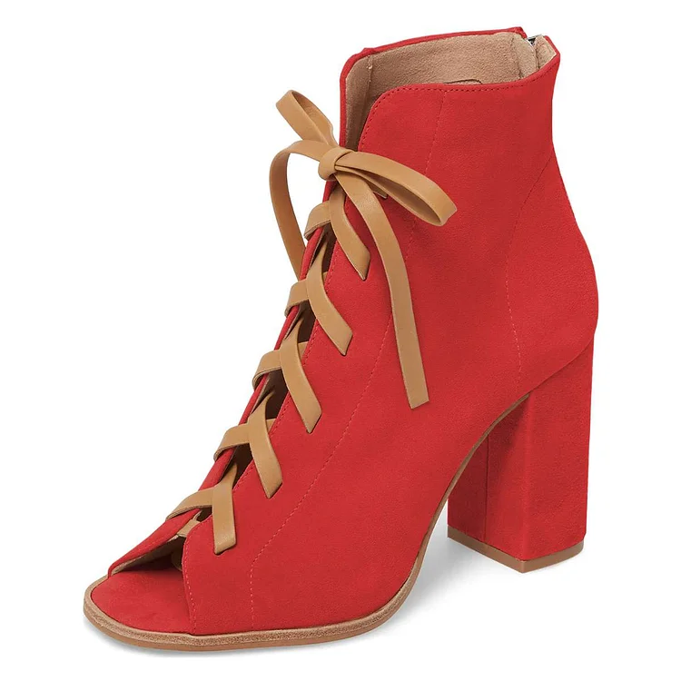 Red Vegan Suede Lace Up Peep Toe Chunky Heel Boots |FSJ Shoes