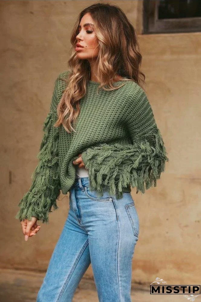 Solid Color Round Neck Long Sleeve Tassel Sweater