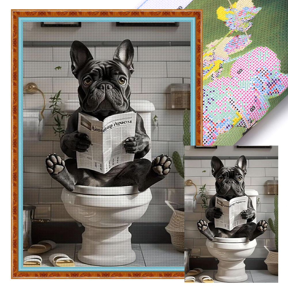 Puppy Reading Newspaper In Toilet Full 11CT Pre-stamped Canvas(40*60cm) Cross Stitch