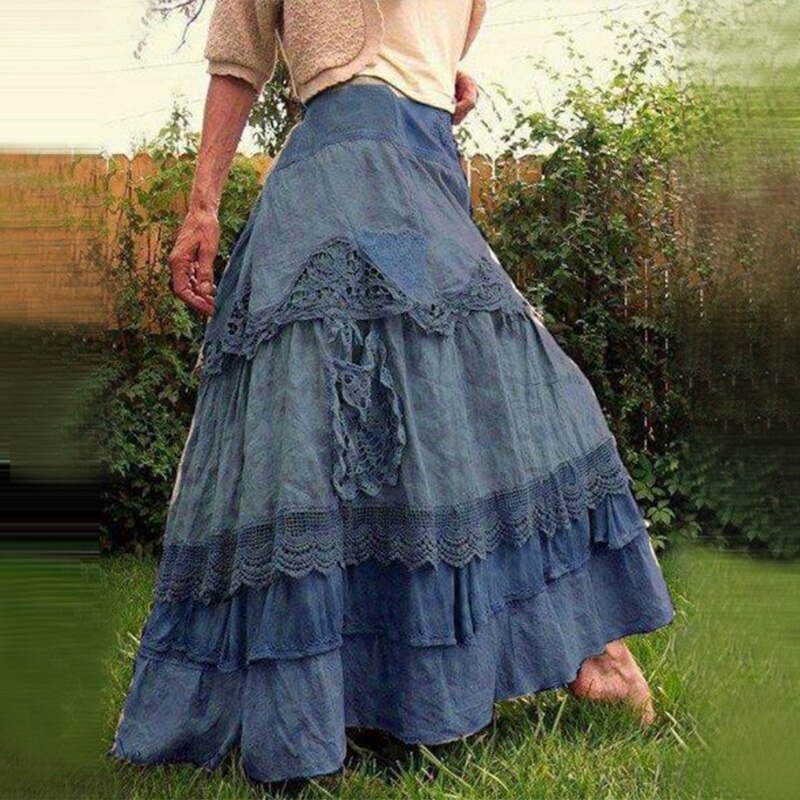 Women's Skirts Summer Vintage Ruffles Maxi Skirts New Lace Long Skirts Low Waist Prairie Chic Dropped Skirt