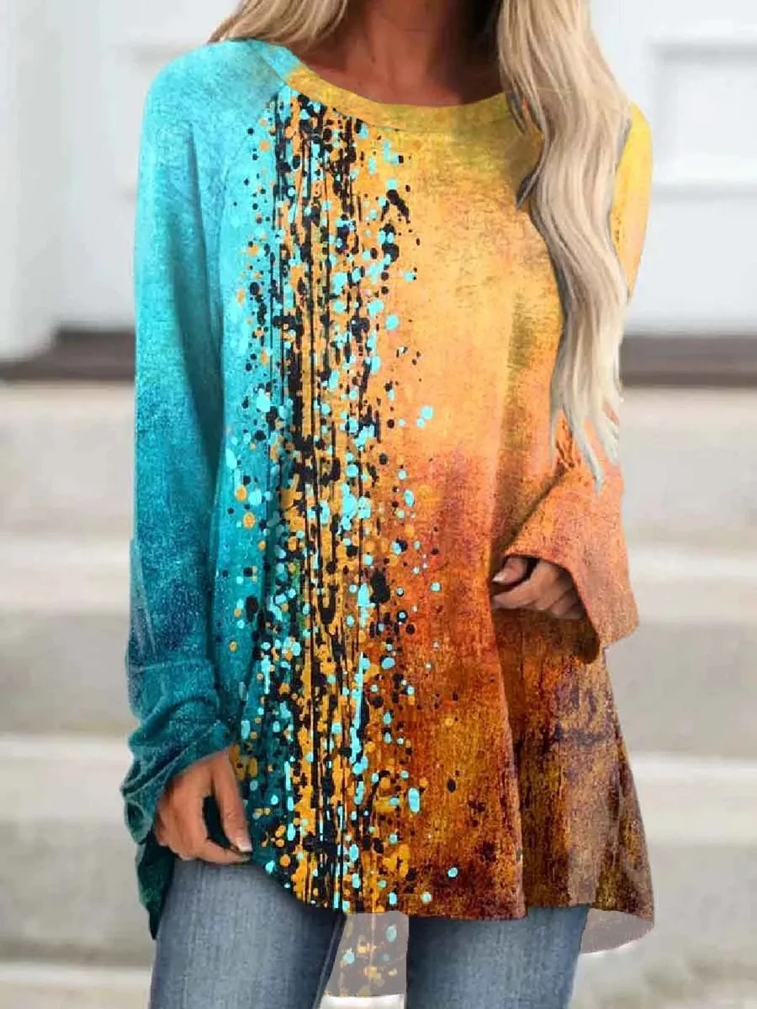Women Casual Abstract Autumn Raglan Sleeve Daily Loose Best Sell Crew Neck Regular Size Tunic T-Shirt
