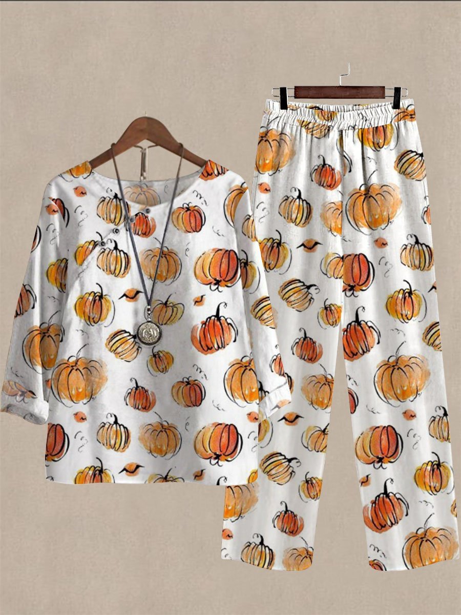 Spring Autumn Halloween Pumpkin Print Long Sleeve Two Piece Suits