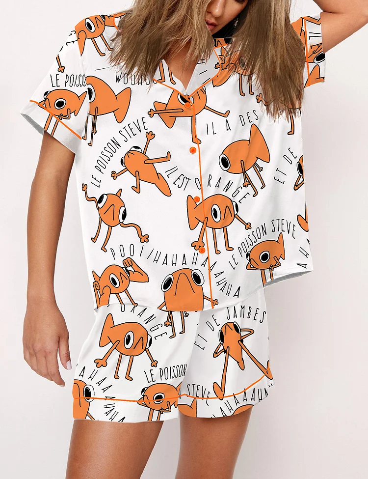 Women's Funny Le Poisson Steve Orange TikTok Fish Print Pajama Set