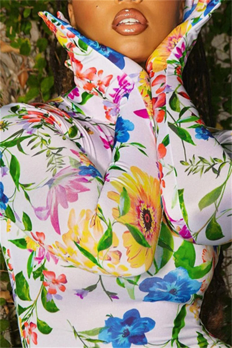 Casual Print Patchwork Turtleneck Skinny Jumpsuits