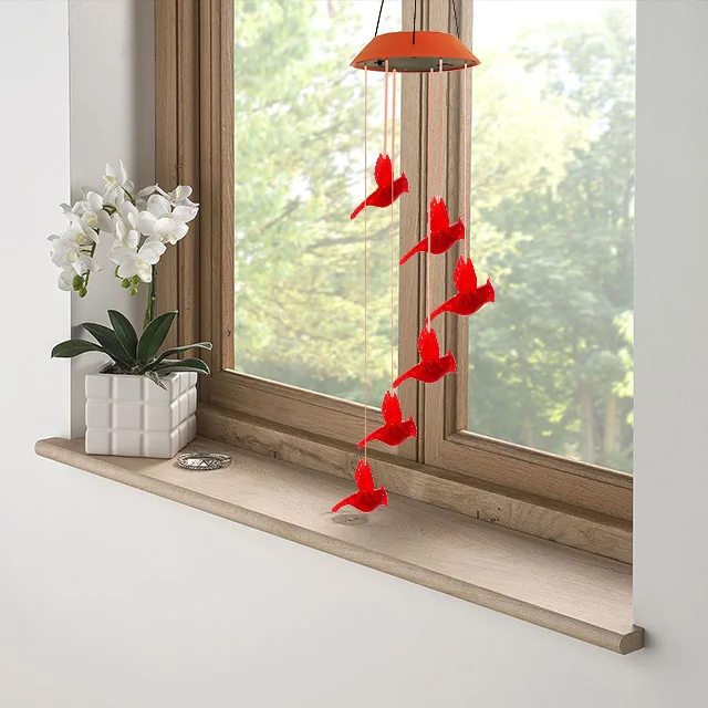 Solar Cardinal Red Bird Wind Chime Light