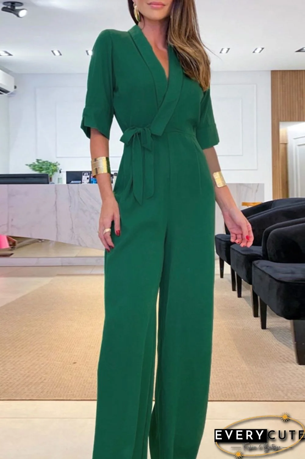 Casual Solid Patchwork Frenulum V Neck Regular Jumpsuits