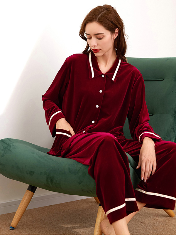 Pyjama en velours de soie à passepoil blanc classique Rouge