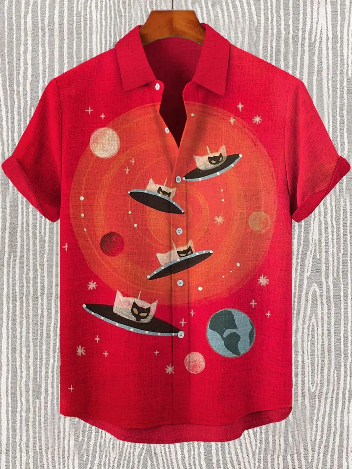 Men's Cat Space Sci-Fi Art Print Casual Shirt