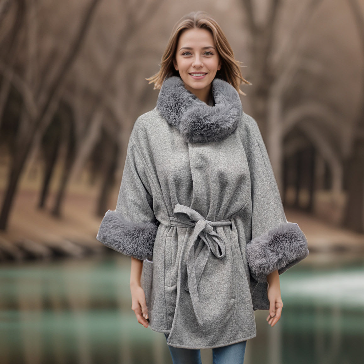 Faux Fur Trimmed Belted Jacket (with pockets) - Grey (One Size)