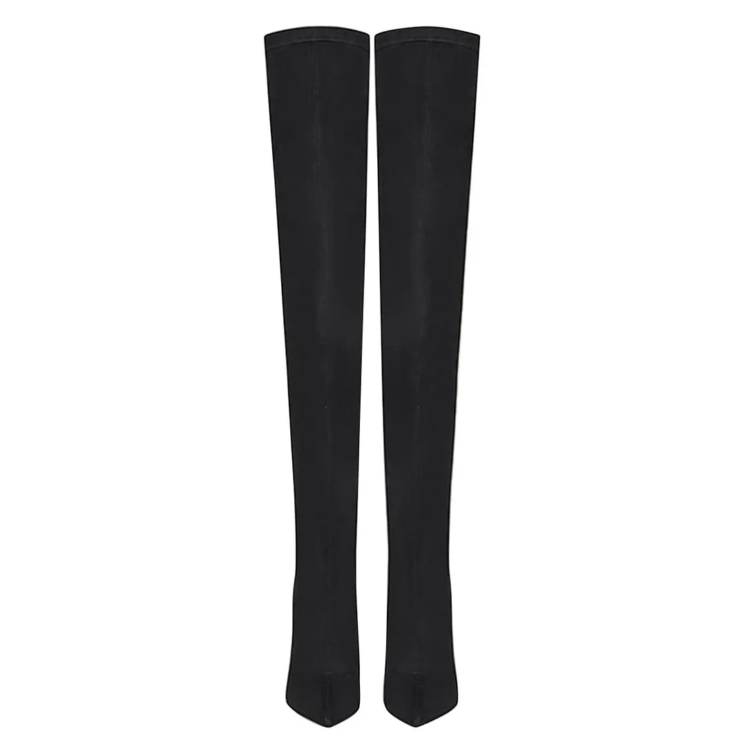Black Vegan Suede Pointed Toe Stiletto Heel Pull-On Thigh High Boots