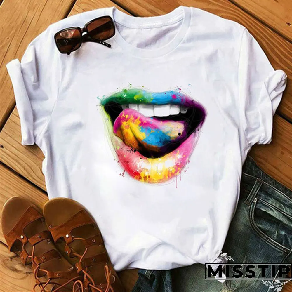 White Fashion Casual Lips Printed Basic O Neck Tops