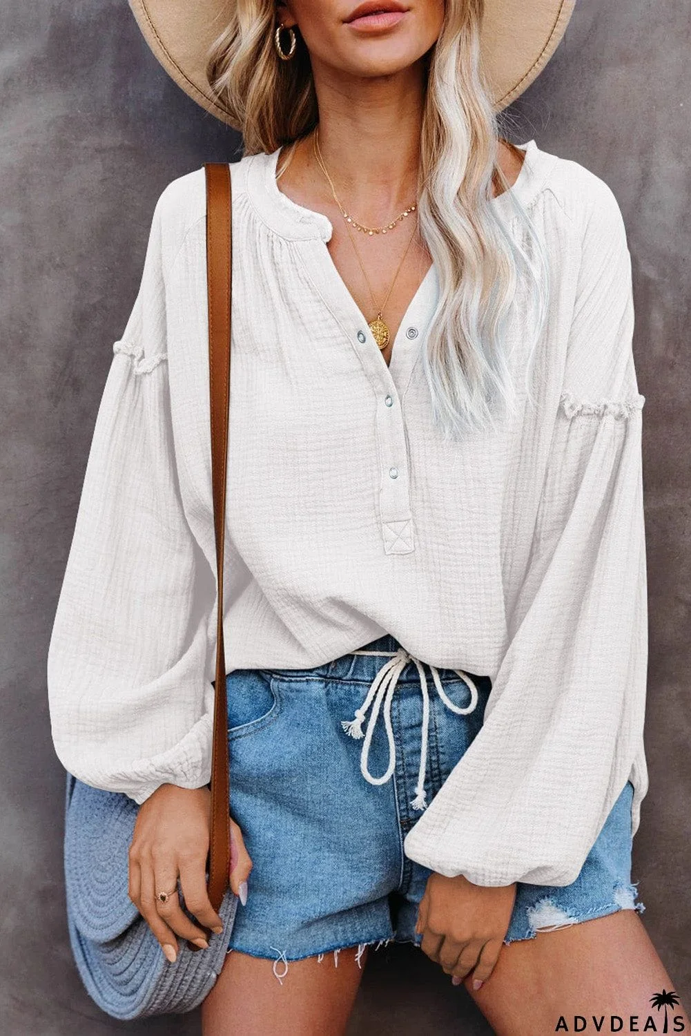 Casual Balloon Sleeve Crinkled Top