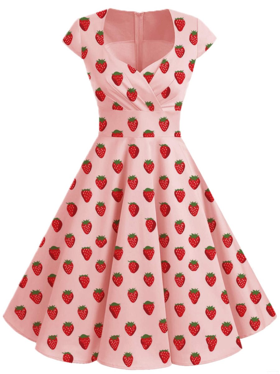 Pink Dress Cross V-neck Strawberry Short Sleeve Plus Size Swing Dress