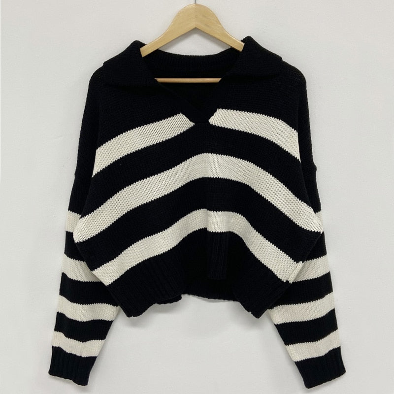 LANFUBEISI  New 2022 Autumn Winter Women Sweater Lapel All Match Pullovers Knitted Striped Korean Style Elegant Ladies Jumpers LANFUBEISI
