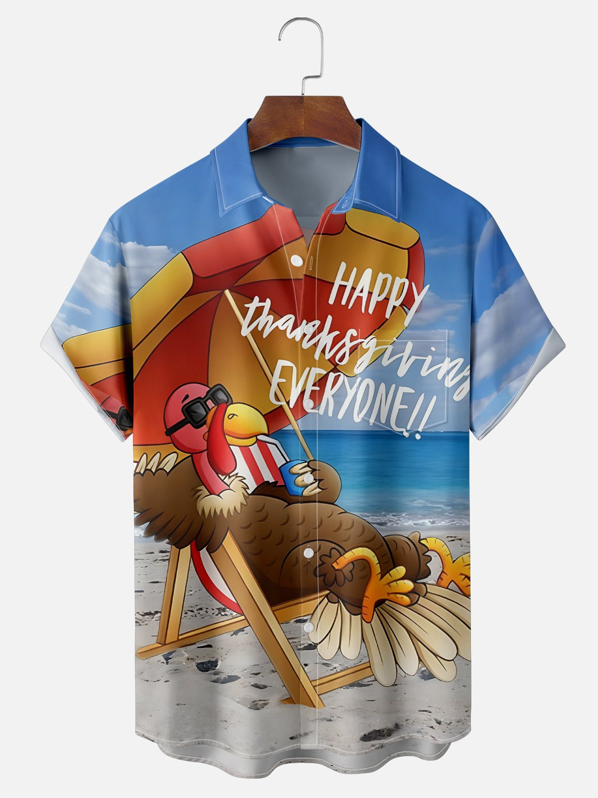 Moisture Wicking Thanksgiving Fun Turkey Beach Vacation Chest Pocket Hawaiian Shirt PLUSCLOTHESMAN