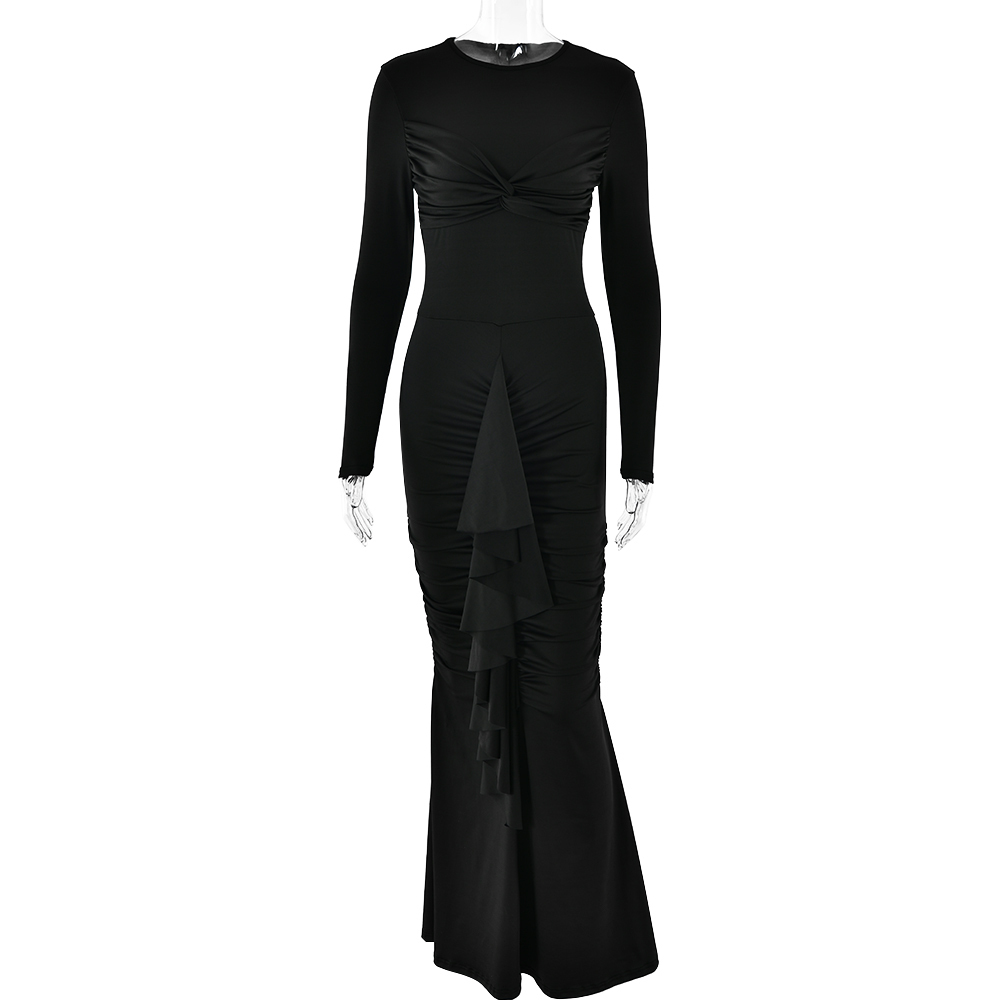 Ootddress Elegant Long Sleeved Elastic Tight Pleated Party Club Evening Dress Women Fashion Maxi Vestido Autumn Winter New Female