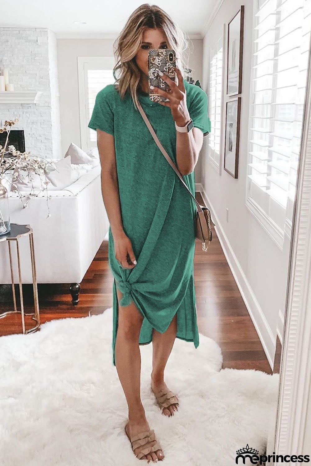 Casual Short Sleeve T-shirt Midi Dress with High Splits