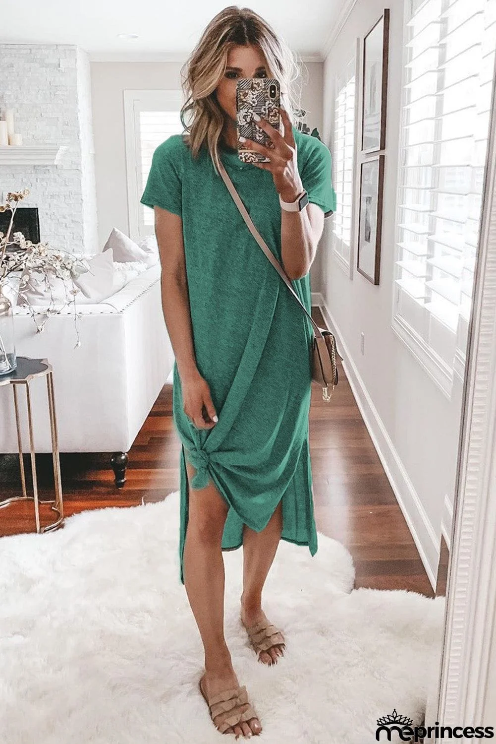 Casual Short Sleeve T-shirt Midi Dress with High Splits
