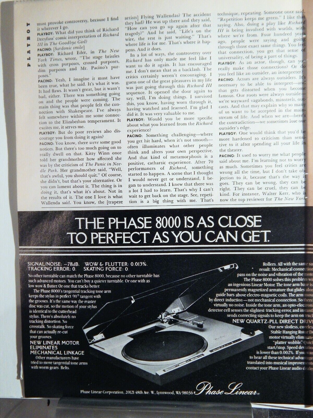 PHASE LINEAR 8000 TURNTABLE / MARTINI & ROSSI VERMO ORIGINAL VTG 1979 Photo Poster painting AD,