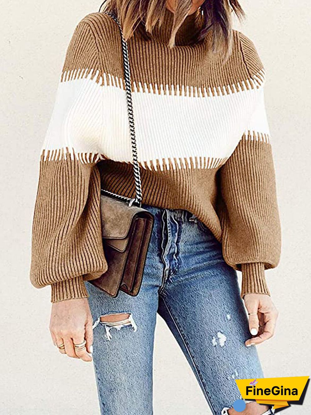 Contrast Color Lantern Sleeve O-neck Sweater For Women