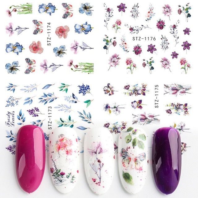 Nail Stickers 4Pcs/Set Water Transfer Summer Dried Flowers Leafs Designs Nail Decal Decoration Tips For Beauty Salons