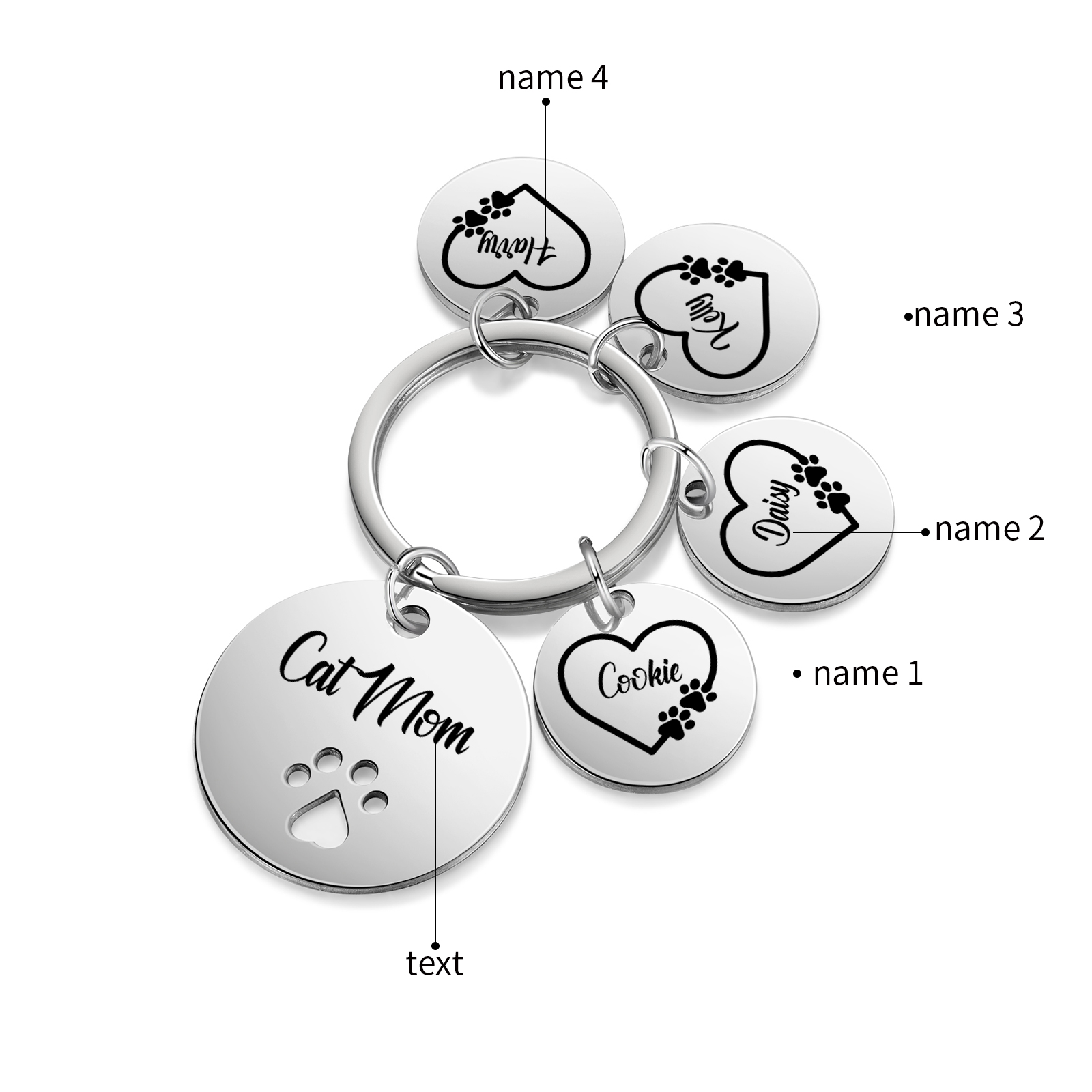 Personalised 4 Names & 1 Text Keychain Cat Paw Circle Charm Keychain Gift for Mother/Grandma-Jessemade AU