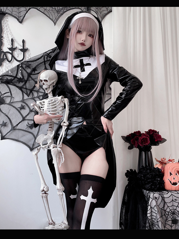 Gothic Dark Cross Halloween Cosplay PU TIght Sexy Sets