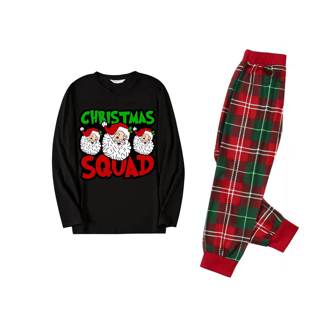 "Santa Squad" and Santa Claus Print Black Top with Red & Green Plaid Pants Family Matching Pajama