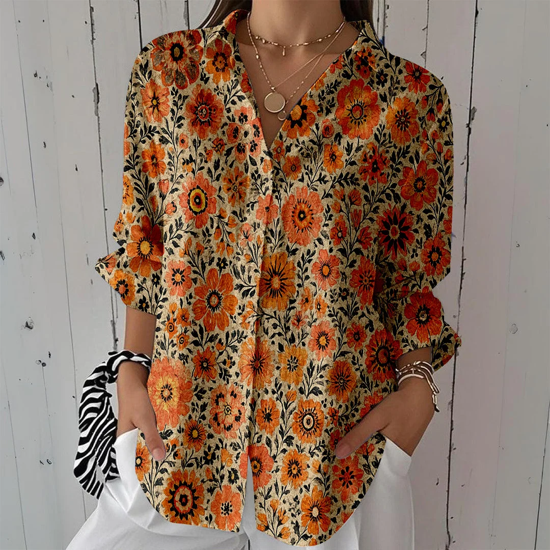 Style & Comfort for Mature Women Women Floral,Orange DZCL0323 3/4 Sleeve Shirt Collar Printed Button Tops
