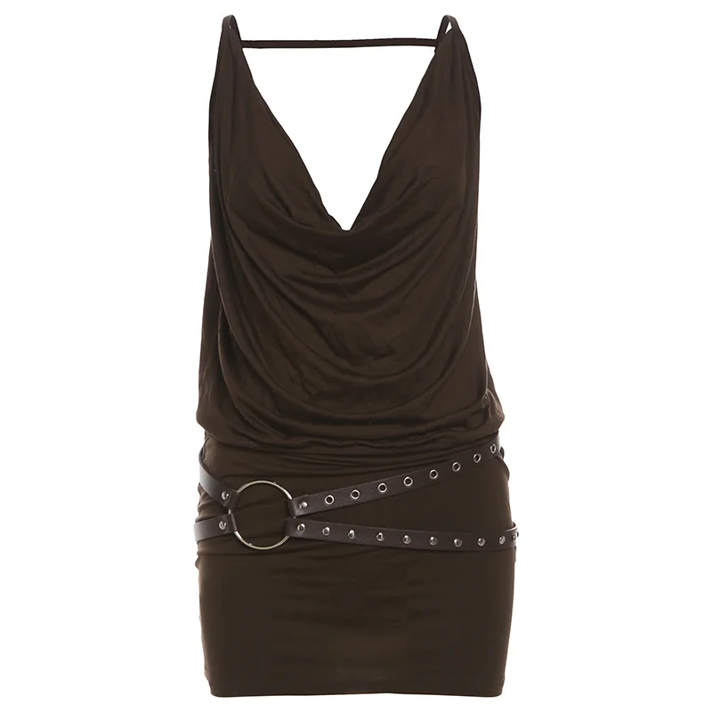 Ueong Ueong 2024 New Women's Versatile Fashion Silver Belt Decoration Brown Tight Dress