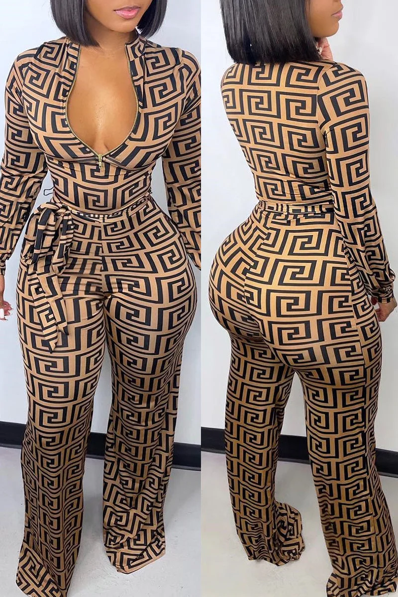 Fashion Casual Print Basic Zipper Collar Regular Jumpsuits