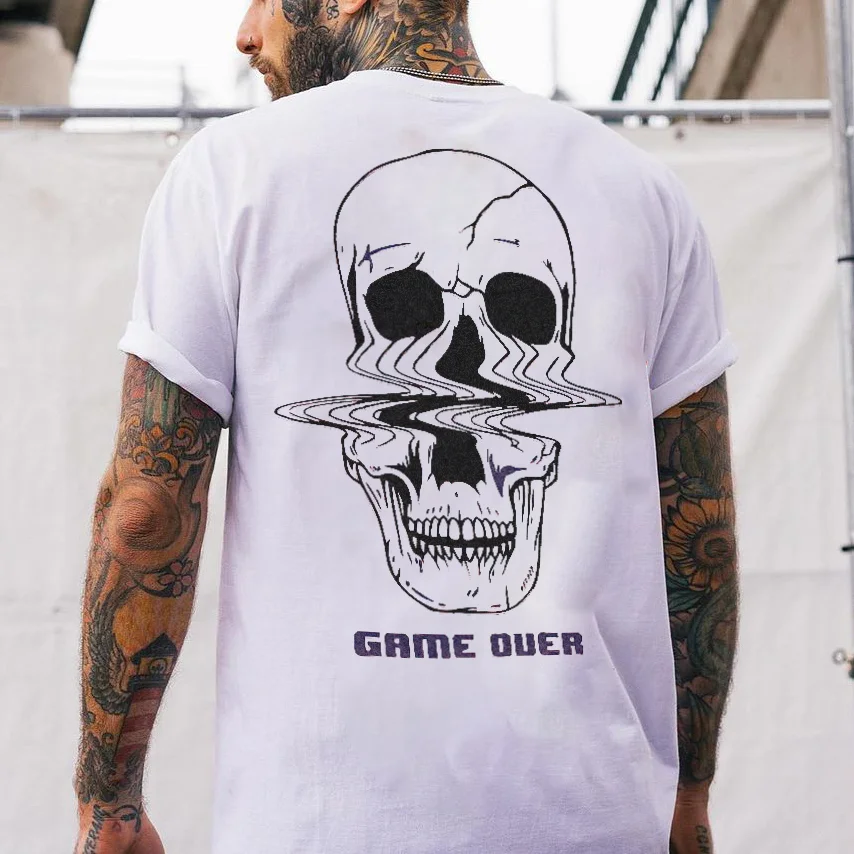 Game over twisted skull printed designer white T-shirt -  