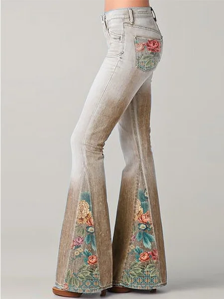 New High Waist Flared Jeans Spliced Fringe Hem Long Pants Lace/Floral Printed Patchwork Bell-Bottom Pants Women Trousers Denim Pants