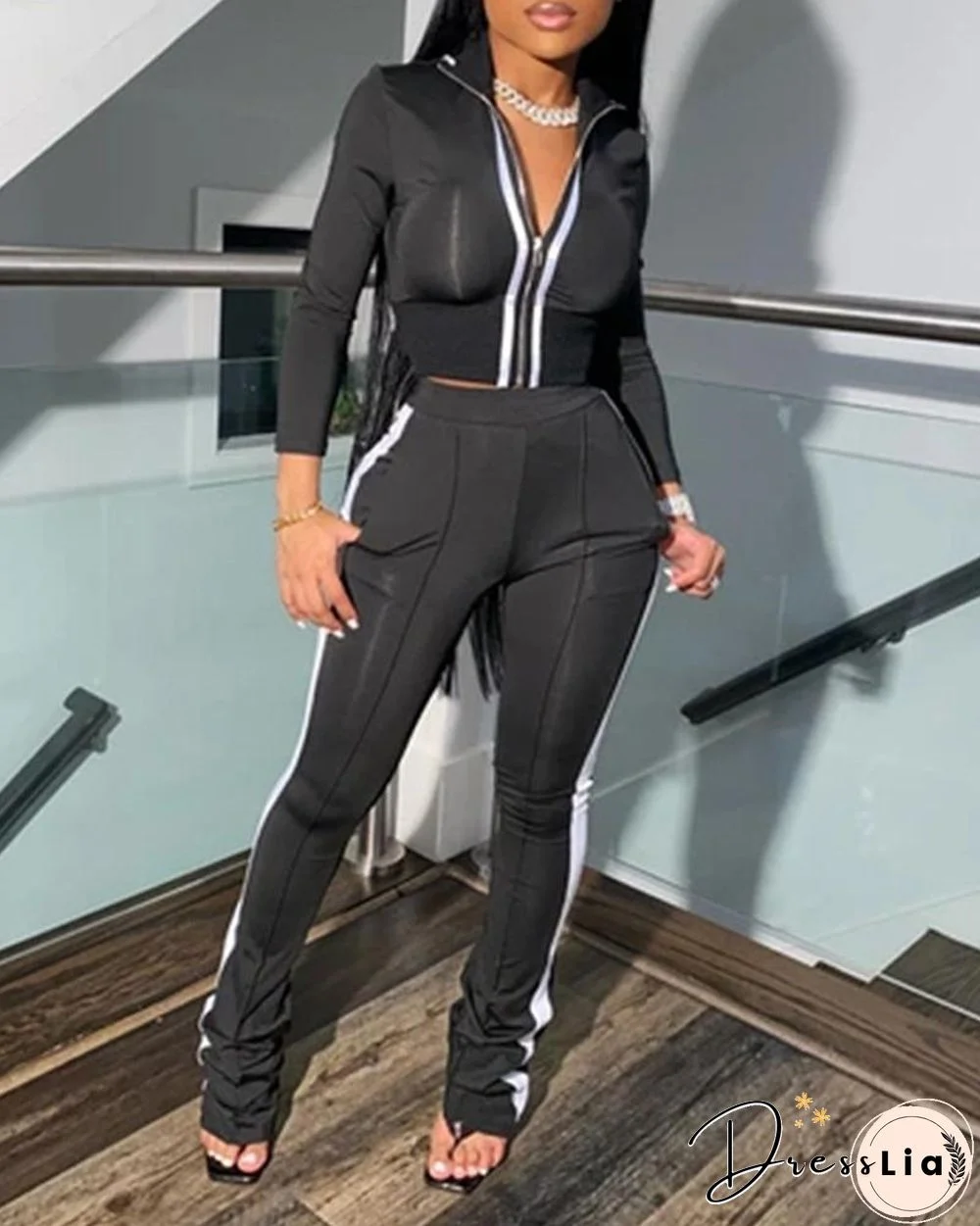 Sporty Striped Tape Coat & Pants Set