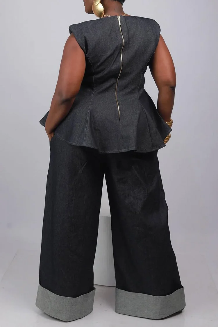 Plus Size Business Casual Blue Elegant Round Neck Pocket Ruffle Tencel Denim Two Piece Pant Sets [Pre-Order]