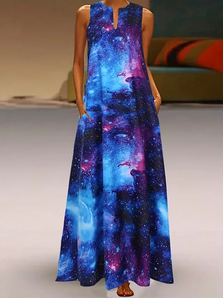 Galaxy Print V Neck Tank Maxi Dress