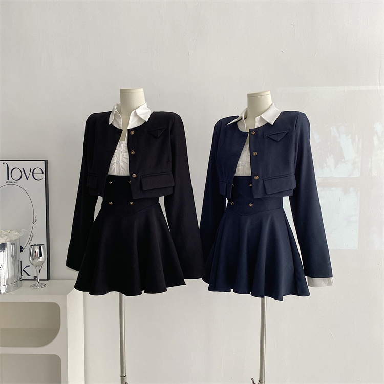 Y2K 3 Piece Set Women Cropped Coat + Long Sleeve Shirt + High Waist Halter Ruffles Mini Dress Korean Chic Fashion Sexy Outfits
