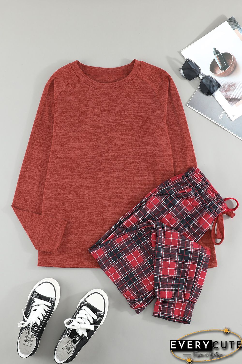 Solid Long Sleeve Top and Plaid Pants Loungewear