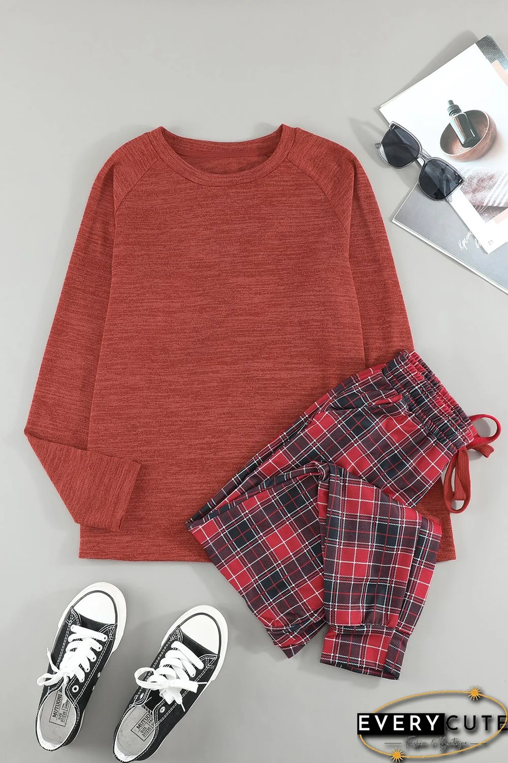 Solid Long Sleeve Top and Plaid Pants Loungewear