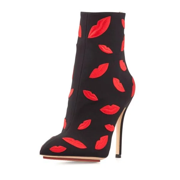 Black Ankle Booties Suede Lips Embroidered Stiletto Boots for Women