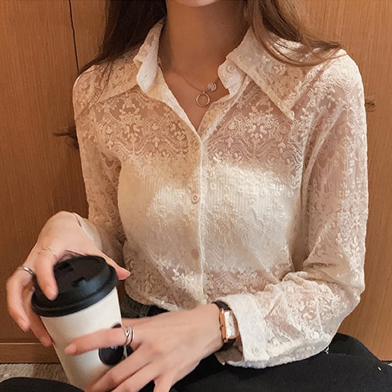 Korean Chic Floral Embroidery White Blouse Women Plus Size Spring Lace Bottoming Shirt New Fashion Long Sleeve Hollow Top 13125