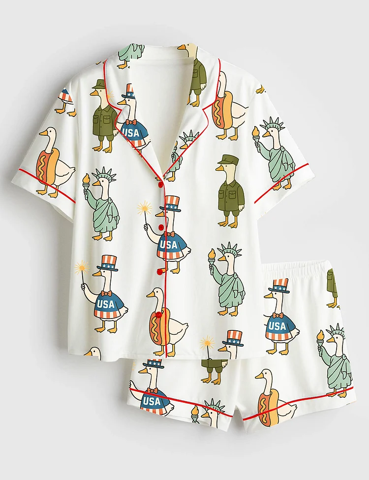 Women&rsquo;s Patriotic Goose 4th Of July Silly Goose USA Independence Day Print Short Sleeve Satin Pajama Set