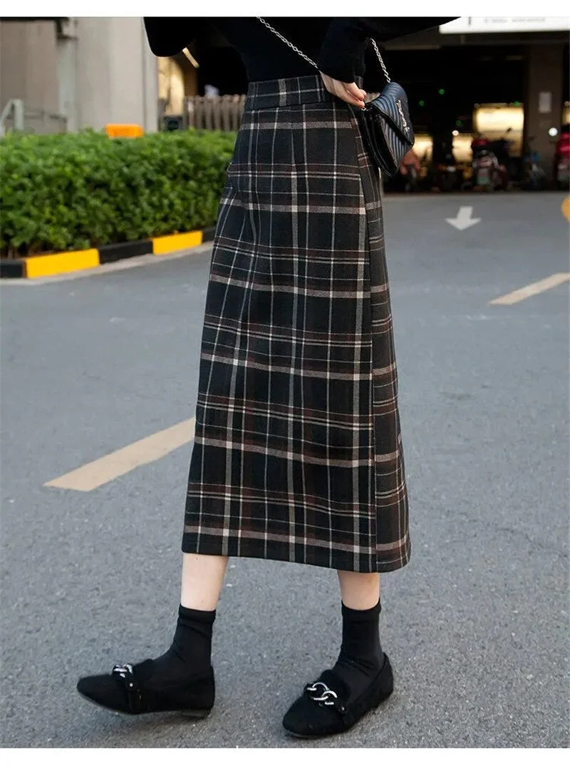 NEW 2020 Real Shot Woolen Cloth Plaid Skirt Women Autumn Winter Vintage High Waist Hem Split Slim Long Package Hip Skirts KW334