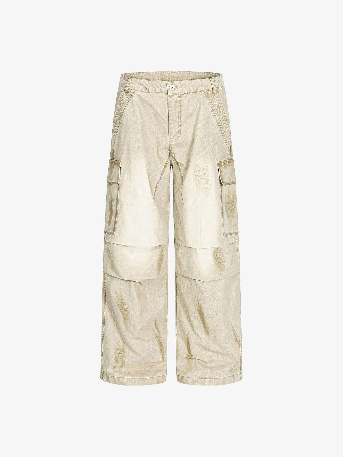 Khaki Actchic Wrinkled Patchwork Dirty-Effect Cargo Pants Front