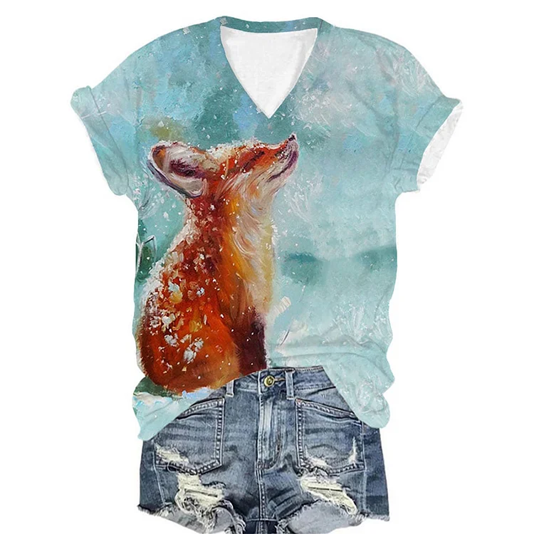 Comstylish Fox Print V-Neck Short Sleeved T-Shirt