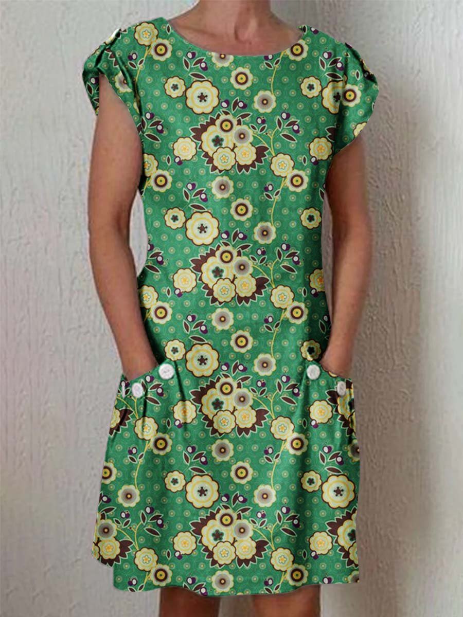 Women's Classic Art Floral Print Cotton and Linen  Dress